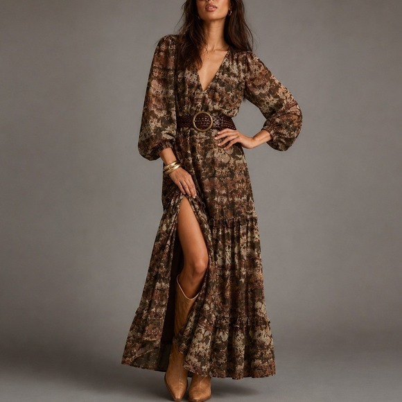 12th Tribe Dresses & Skirts - 12th Tribe Raindance Long Sleeve Maxi Dress S Brown Floral Abstract Boho